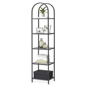 Arched Top Black Metal Display Rack Narrow Bookcase with 5 Glass Storage Shelves