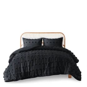 King/Cal King 3 Piece Pompom Microfiber Hypoallergenic Comforter Set in Black