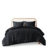 Full/Queen 3 Piece Pompom Microfiber Hypoallergenic Comforter Set in Black