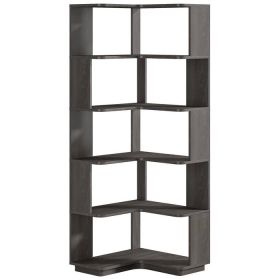 Multifunctional 6 Shelf Corner L-Shaped Bookcase in Dark Grey Wood Finish