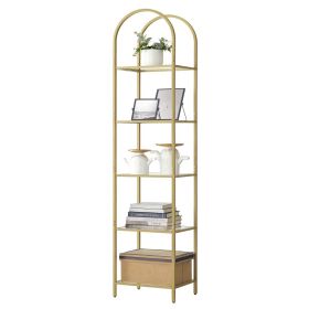 Arched Top Gold Metal Display Rack Narrow Bookcase with 5 Glass Storage Shelves