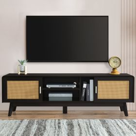 63 Dark Rattan TV Stand With 2 Storage Cabinets For 65 Inch TV, Entertainment Center With Solid Wood Legs, Media Console Table For Living Room, B (Option: Dark Brown)
